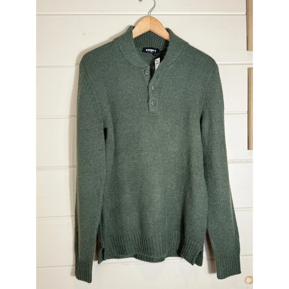 Express Mens Shawl Collar Button Sweater Green Heavy Knit Eclectic Grandpa M NWT